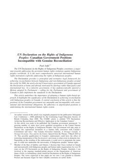 UN Declaration on the Rights of Indigenous Peoples: Canadian Government Positions Incompatible with Genuine Reconciliation*