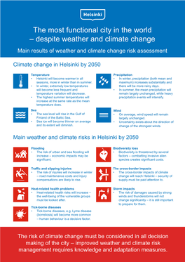 The Most Functional City in the World – Despite Weather and Climate Change Main Results of Weather and Climate Change Risk Assessment