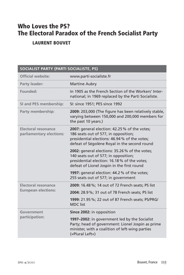 W Ho Loves the PS? the Electoral Paradox of the French Socialist Party LAURENT BOUVET