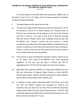 Review of the Annual Report of Delhi Metro Rail Coporation Ltd