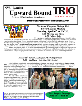 NVU-Lyndon Upward Bound March 2020 Student Newsletter Building Expectations, Changing Realities