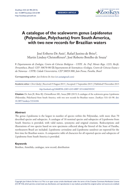 A Catalogue of the Scaleworm Genus Lepidonotus (Polynoidae, Polychaeta) from South America, with Two New Records for Brazilian Waters