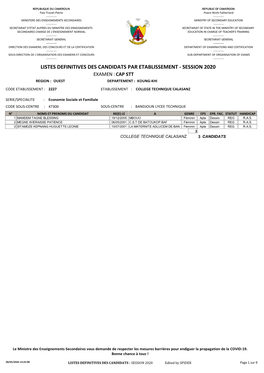 Listes Definitives Des Candidats Par Etablissement - Session 2020 Examen : Cap Stt Region : Ouest Departement : Koung-Khi