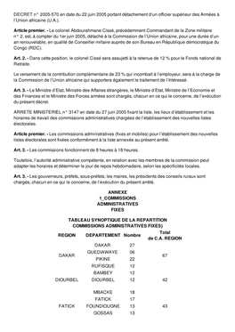 DECRET N° 2005-570 En Date Du 22 Juin 2005 Portant Détachement D’Un Officier Supérieur Des Armées À L’Union Africaine (U.A.)