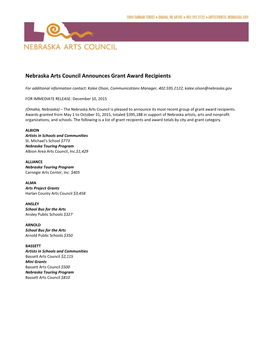 Nebraska Arts Council Announces Grant Award Recipients