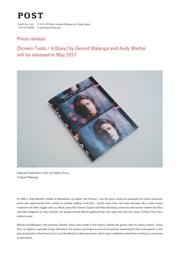 Screen Tests / a Diary] Together with Prose Poems by Gerard Malanga, Who Worked for Warhol from the Early Time in the Factory