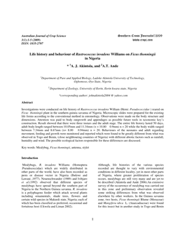 1 Life History and Behaviour of Rastrococcus Invadens Williams On