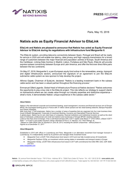 Natixis Acts As Equity Financial Advisor to Ellalink