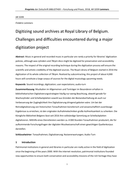 Digitizing Sound Archives at Royal Library of Belgium. Challenges and Difficulties Encountered During a Major Digitization Project