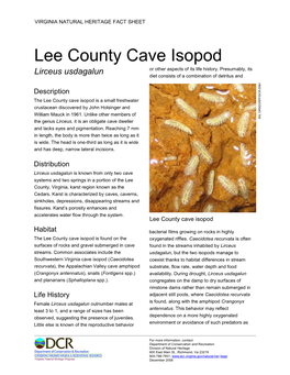 Lee County Cave Isopod Or Other Aspects of Its Life History