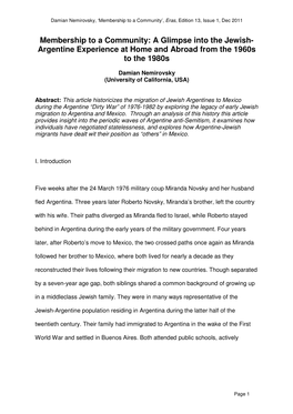 Membership to a Community: a Glimpse Into the Jewish- Argentine Experience at Home and Abroad from the 1960S to the 1980S