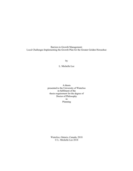 Barriers to Growth Management: Local Challenges Implementing the Growth Plan for the Greater Golden Horseshoe