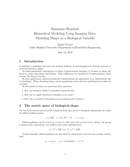 Summary Handout Biomedical Modeling Using Imaging Data: Modeling Shape As a Biological Variable