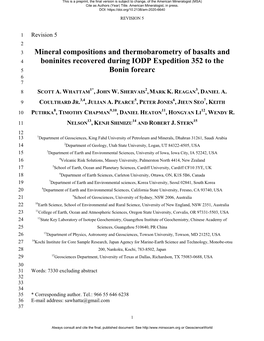 Mineral Compositions and Thermobarometry of Basalts and 4 Boninites Recovered During IODP Expedition 352 to the 5 Bonin Forearc 6 7 1* 2 3 8 SCOTT A