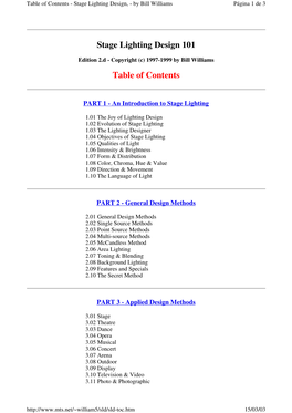 Stage Lighting Design 101 Table of Contents