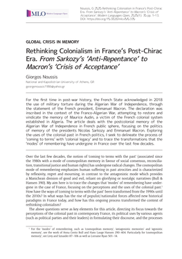Rethinking Colonialism in France's Post-Chirac Era. from Sarkozy's