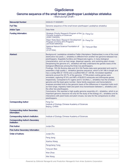 Genome Sequence of the Small Brown Planthopper Laodelphax Striatellus --Manuscript Draft