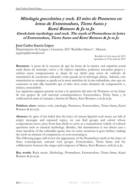 Mitología Grecolatina Y Rock. El Mito De Prometeo En Letras De Extremoduro, Tierra Santa Y Kutxi Romero & Ja Ta Ja Greek-Latin Mythology and Rock