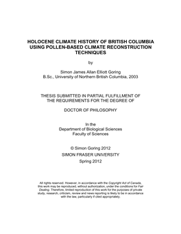 Holocene Climate History of British Columbia Using Pollen-Based Climate Reconstruction Techniques