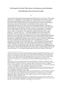 1 the Prospectus War of the 1790S: Literary Advertising in an Age of Revolution David Duff, Queen Mary University of London I Th