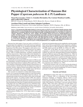 Physiological Characterization of Manzano Hot Pepper (Capsicum Pubescens R & P) Landraces Mario Pérez-Grajales,1 Víctor A