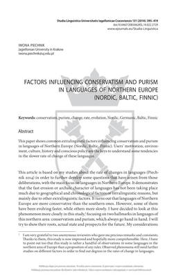 Factors Influencing Conservatism and Purism in Languages of Northern Europe (Nordic, Baltic, Finnic)