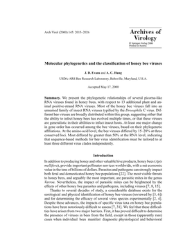 Molecular Phylogenetics and the Classification of Honey Bee Viruses