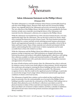 Salem Athenaeum Statement on the Phillips Library