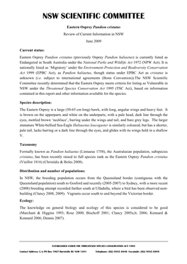 Eastern Osprey Pandion Cristatus Review of Current Information in NSW June 2009