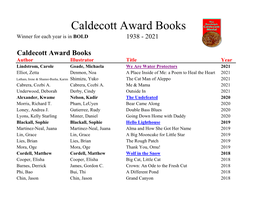 Caldecott Award Books Winner for Each Year Is in BOLD 1938 - 2021
