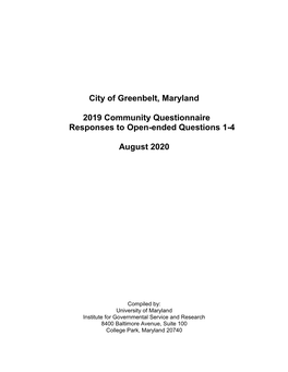 City of Greenbelt, Maryland 2019 Community Questionnaire