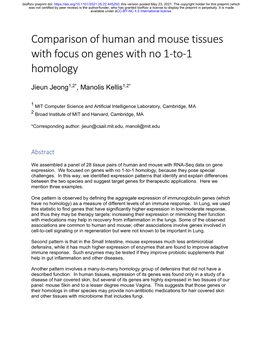 Comparison of Human and Mouse Tissues with Focus on Genes with No 1-To-1 Homology