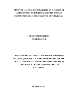 Impact of Management Strategies on Inclusion of Learners with Hearing Impairment in Regular Primary Schools in Tharaka Nithi County, Kenya