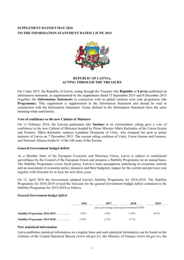 SUPPLEMENT DATED 9 MAY 2016 to the INFORMATION STATEMENT DATED 2 JUNE 2015 REPUBLIC of LATVIA, ACTING THROUGH the TREASURY on 2