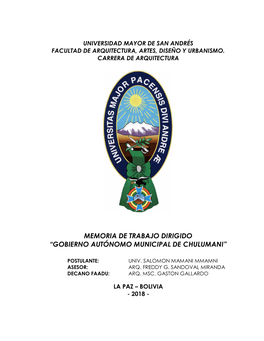 Memoria De Trabajo Dirigido “Gobierno Autónomo Municipal De Chulumani”