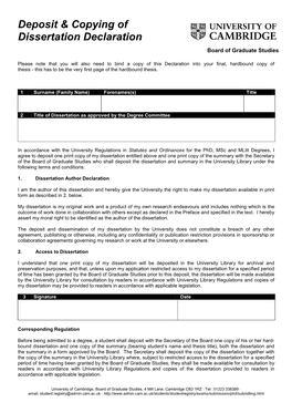 Deposit & Copying of Dissertation Declaration