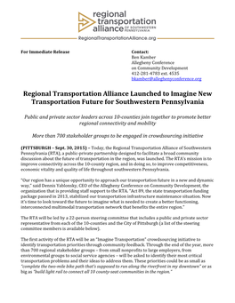 Regional Transportation Alliance Launched to Imagine New Transportation Future for Southwestern Pennsylvania