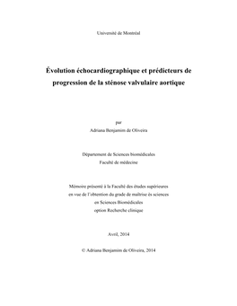 Évolution Échocardiographique Et Prédicteurs De Progression De La Sténose Valvulaire Aortique