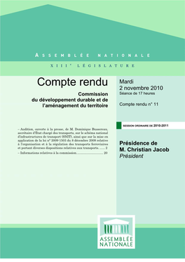 Compte Rendu Mardi 2 Novembre 2010 Commission Séance De 17 Heures Du Développement Durable Et De L’Aménagement Du Territoire Compte Rendu N° 11