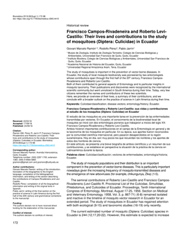 Francisco Campos-Rivadeneira and Roberto Levi- Castillo: Their Lives and Contributions to the Study of Mosquitoes (Diptera: Culicidae) in Ecuador