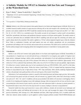 A Salinity Module for SWAT to Simulate Salt Ion Fate and Transport 2 at the Watershed Scale 3 4 Ryan T