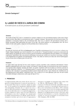 IL LAGO DI VICO E L'area DEI CIMINI Considerazioni Su Alcuni Parametri Ambientali