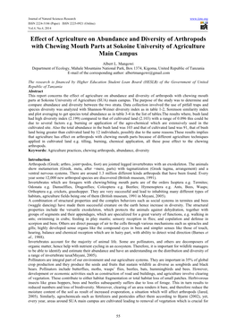 Effect of Agriculture on Abundance and Diversity of Arthropods with Chewing Mouth Parts at Sokoine University of Agriculture Main Campus