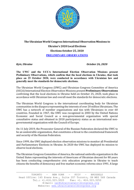 The Ukrainian World Congress International Observation Missions to Ukraine's 2020 Local Elections Elections October 25, 2020