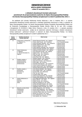 OBWIESZCZENIE WÓJTA GMINY PRZEWORNO Z Dnia 27 Września 2011 R