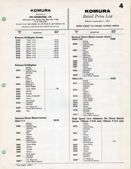 KOMURA Retail Price List