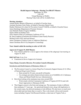 Health Impacts Subgroup—Meeting Two DRAFT Minutes September 14, 2020 9:00 AM Virtual Meeting Via Webex Meeting Video Link Will Be Available Soon