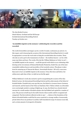 The Alan Bruford Lecture Island Odyssey: Scotland and the Old Europe Scottish International Storytelling Festival Tuesday 25 October 2011