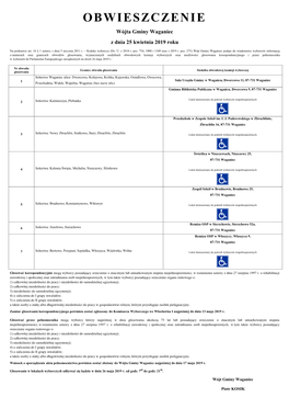 OBWIESZCZENIE Wójta Gminy Waganiec Z Dnia 25 Kwietnia 2019 Roku