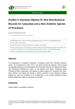Studies in Hawaiian Diptera III: New Distributional Records for Canacidae and a New Endemic Species of Procanace